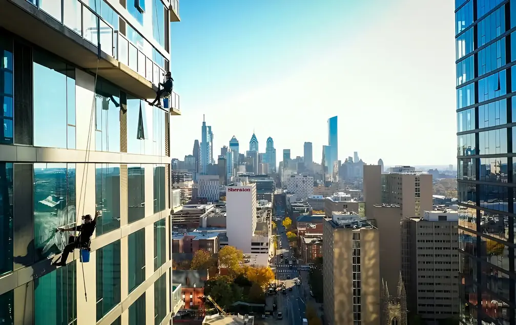 Two Premier technicians on ropes down a glass residential tower, Center City skyline behind